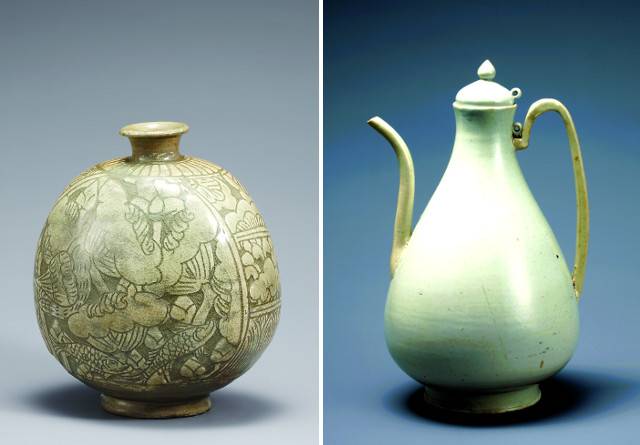 호림 컬렉션 가운데 가장 먼저 74년 국보가 된 '분청사기 박지연어문 편병'(왼쪽)과 백자주자로는 유일하게 국보인 '백자주자'. 호림박물관 제공