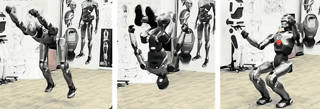 중국 기업 엔진AI가 개발한 휴머노이드 ‘PM01’이 앞공중돌기를 하는 모습. (왼쪽 사진부터)팔을 흔들어 추진력을 낸 뒤 몸을 앞으로 숙여 공중에서 회전하고 무릎을 굽혀 착지한다. 엔진AI 제공