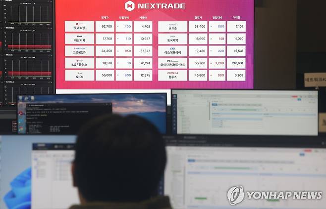 국내 최초 대체거래소 넥스트레이드 애프터마켓 (서울=연합뉴스) 김성민 기자 = 국내 최초 대체거래소(ATS) '넥스트레이드(NXT)'가 4일 개장했다. 정규 시장 전후로 넥스트레이드의 프리마켓(오전 8시~8시50분)과 애프터마켓(오후 3시30분~8시)이 추가된다.
사진은 애프터마켓이 열린 이날 오후 서울 영등포구 넥스트레이드 사무실에서 직원들이 업무를 보고 있다. 2025.3.4 ksm7976@yna.co.kr
