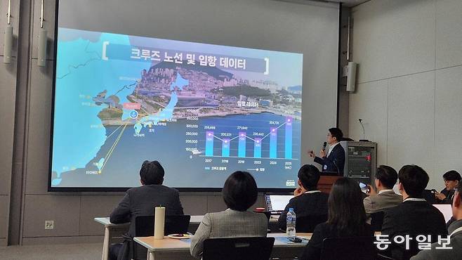 문영배 부산관광공사 글로벌마케팅팀장이 7일 부산 동구 부산항국제전시컨벤션센터에서 열린 미래전략캠퍼스에서 ‘부산항 크루주 관광객 현황과 확대 방안’에 대해 발표를 하고 있다. 김화영 기자 run@donga.com