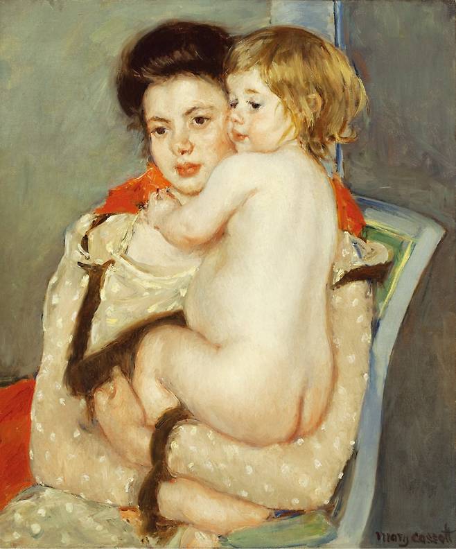메리 카사트, <벌거벗은 아기를 안고 있는 렌 르페브르(어머니와 아이)>, 1902-1903년, 캔버스에 유채, 68.1×57.3㎝ /우스터미술관
