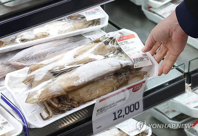 고공행진 하는 오징어 가격 (서울=연합뉴스) 김성민 기자 = 3일 서울 한 대형마트에 오징어가 진열돼 있다. 2025.3.3 ksm7976@yna.co.kr