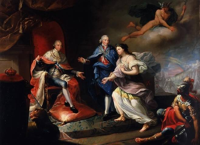 “전하 제가 평화를 데려왔습니다.” 카를로스 4세에게 평화의 여신을 안내하는 고도이를 묘사한 그림.