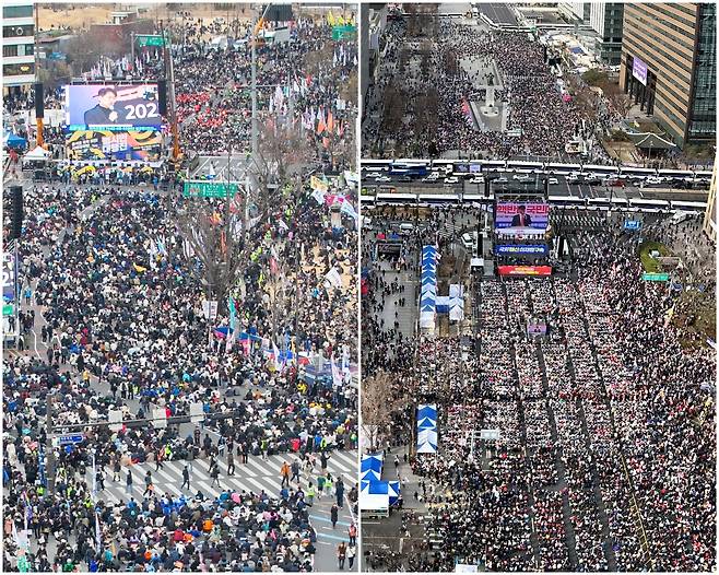 15일 오후 서울 광화문 일대에서 탄핵 촉구 집회(왼쪽)와 탄핵 반대 집회가 각각 수만명의 지지자가 참가한 가운데 열리고 있다. /장련성 기자