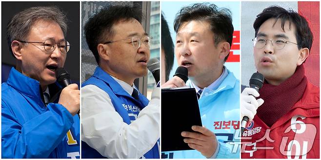 4·2 구로구청장 재보궐선거에 출마하는 장인홍 더불어민주당 후보(왼쪽부터), 서상범 조국혁신당 후보, 최재희 진보당 후보, 이강산 자유통일당 후보가 20일 서울 구로구 일대에서 각각 지지를 호소하고 있다. 2025.3.20/뉴스1 ⓒ News1 이동해 기자,이승배 기자