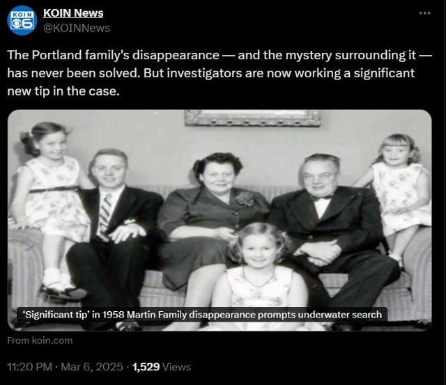 마틴 일가족이 미국 오리건주 포틀랜드 자택에서 찍은 가족 사진. 왼쪽 두 번째가 유일한 생존자인 장남 도널드 마틴. 미국 오리건주 포틀랜드 지역방송사 KOIN 뉴스 엑스(X) 캡처