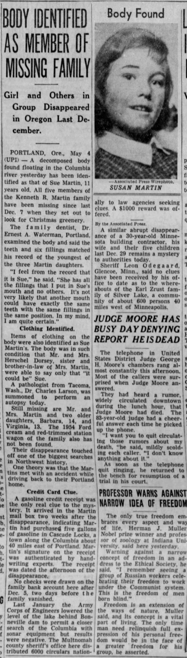 미국 지역 매체인 세인트루이스 포스트 디스패치의 1959년 5월 4일 자 지면. 3일 마틴 가족의 막내 수전의 시신이 발견됐다는 내용이 담겨 있다. 뉴스페이퍼스 홈페이지 캡처