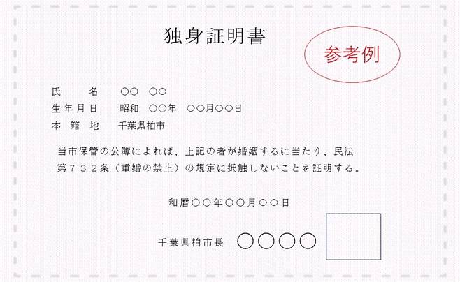 일본 지바현 가시와시(市)가 발행하는 '독신증명서'의 이미지/가시와시