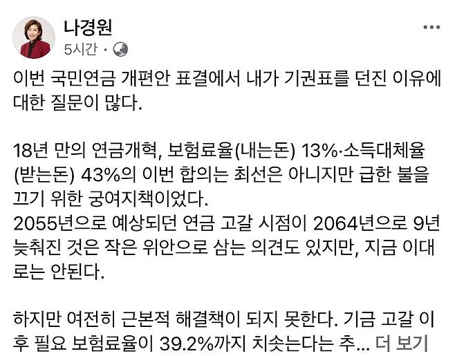 나경원 의원 페이스북 일부 캡처
