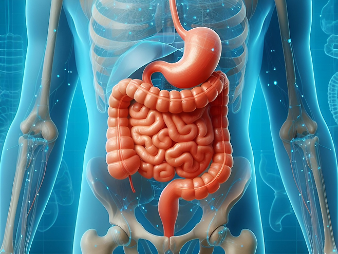 장기가 그래픽으로 표현된 이미지 특히 위 장 부분이 강조되어 보임