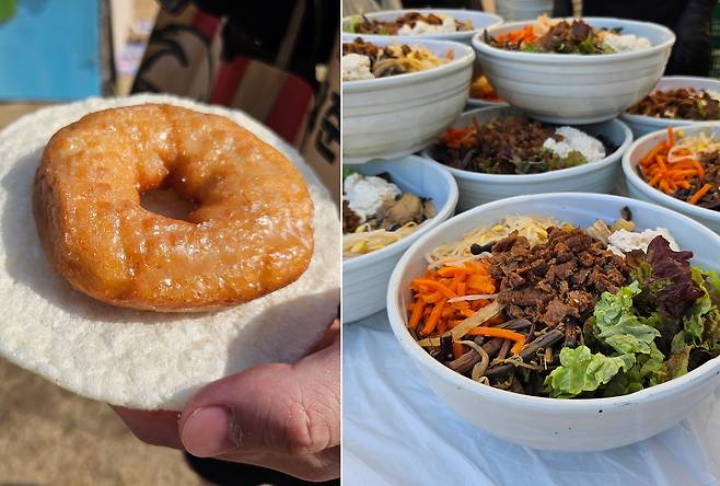 23일 오전 서울 여의도 한강공원에서 열린 ‘2025 무해런’에서 참가자들에 제공된 비건 도넛(왼쪽)과 비건 비빔밥(오른쪽). 김광우 기자.