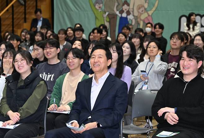 오세훈 시장이 27일 오전 다목적홀에서 열린 '서울시 MZ공무원 영테크 특강'에 참석했다. /사진=서울시