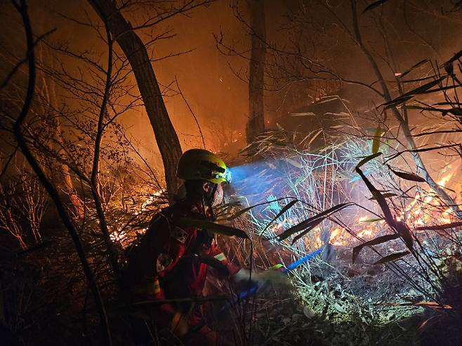산림청 공중진화대와 산불재난특수진화대가 26일 오후부터 27일 새벽 사이 경남 산청군 시천면 동당리 일대에서 지리산과 민가를 지키기 위해 사투를 벌이고 있다. 연합뉴스