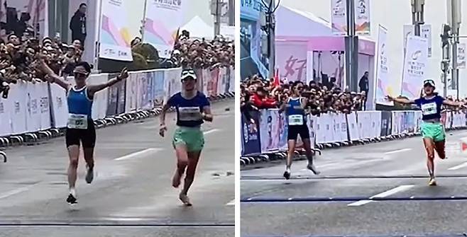 결승선 앞에서 세리머니를 하는 샤오펀(왼쪽)과 우승을 차지한 간지팡. 사진출처=소후닷컴