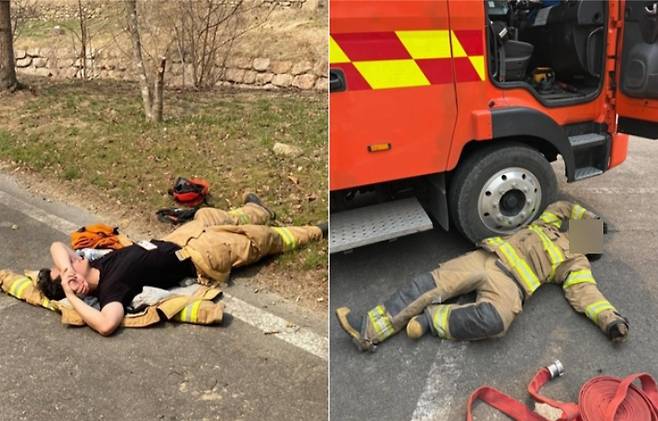 자신을 지역 소재 소방관이라고 밝힌 한 누리꾼은 "동료반장님과 거의 탈진상태"라며 사진을 공개했다. 이어 "(산불) 너무 힘들다. 어떻게 24시간을 버티지"라고 적었다. SNS 캡처