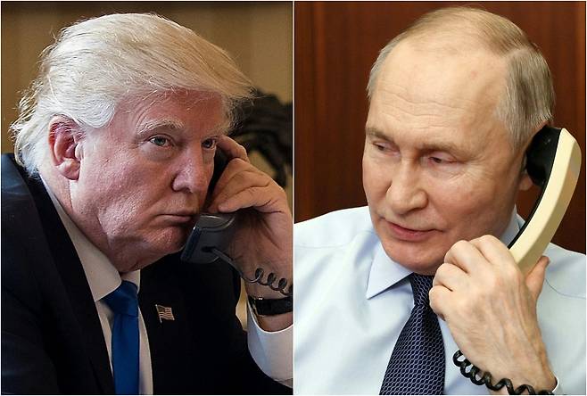 도널드 트럼프(왼쪽) 미국 대통령과 블라디미르 푸틴 러시아 대통령이 통화하는 모습.(자료 사진)/ AFP 연합뉴스