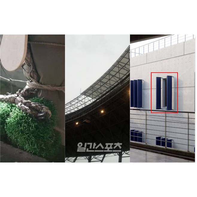 강백호의 손바닥이 쓸린 2019년 사직구장 쇠 재질 시건장치(맨 왼쪽), 2014년 태풍 나크리 피해로 지붕 패널이 떨어진 광주 기아챔피언스필드(가운데) 모습, 구조물이 떨어져 나간 2025년 창원NC파크(맨 오른쪽). IS포토·연합뉴스