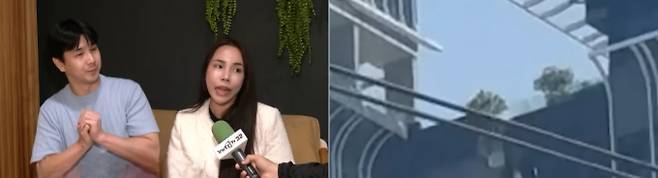 미얀마 지진으로 태국 방콕에도 진동이 느껴졌을 때 한 한국인 남성이 아내와 딸이 있는 옆 건물로 이동하기 위해 고층 빌딩 연결 다리를 뛰어넘었다는 사연이 알려져 화제다. 사진은 (왼쪽) 인터뷰 중인 한국인 남성 권영준씨(왼쪽)와 아내의 모습. (오른쪽) 건물 연결 다리가 무너지는 모습. /사진=타이라스TV 유튜브 화면 캡처