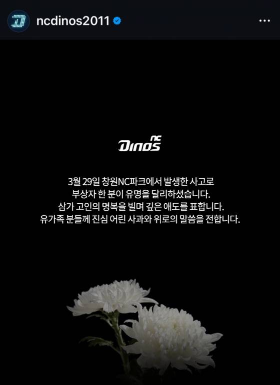 NC 다이노스 구단이 공식 SNS 채널을 통해 희생자를 향한 깊은 애도의 뜻을 표했다. /사진=NC 다이노스 공식 SNS 갈무리