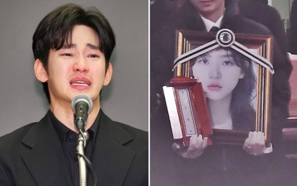 배우 김수현(왼쪽)이 2025년 3월 31일 오후 서울 마포구 스탠포드 호텔에서 미성년자였던 배우 고 김새론과 교제했다는 의혹과 관련해 입장발표 기자회견을 하고 있다. 오른쪽은 2025년 2월 19일 오전 서울 송파구 서울아산병원 장례식장에서 열린 김새론 발인식. 연합뉴스