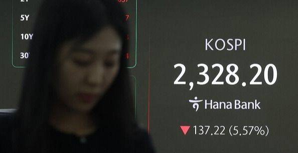 코스피는 7일 5.57%(137.22포인트) 내린 2328.20으로 마감했다. 연합뉴스