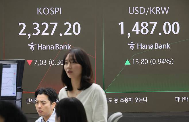  9일 서울 중구 하나은행 본점 딜링룸 현황판에 코스피, 원-달러 환율이 표시돼 있다. ⓒ연합뉴스