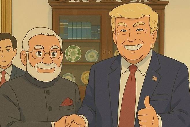 샘 올트먼 오픈AI 최고경영자(CEO)가 자신의 X(옛 트위터) 계정에 올린 지브리풍 이미지 모습. 챗GPT를 이용해 도널드 트럼프 미국 대통령과 나렌드라 모디 인도총리의 지난 2월 정상회담 사진을 지브리풍으로 바꿨다. 샘 올트먼 X 계정