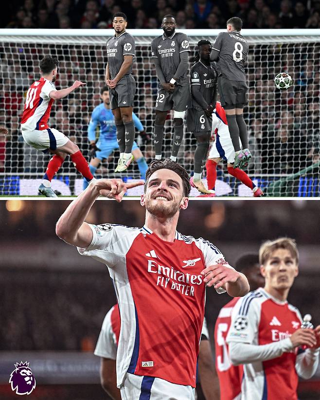 데클런 라이스가 프리킥 스페셜리스트로 떠오르고 있다. 지난 챔피언스리그 8강 1차전에서 레알 마드리드를 상대로 2번의 프리킥 골을 성공시키며 영웅이 됐다.
공교롭게도 라이스의 이러한 프리킥 능력은 레알 마드리드의 도움이 있었다. 그가 과거 레알 마드리드에서 뛰었던 데이비드 베컴의 팬이었기 때문이다.
영국 TBR풋볼은 15일(한국시각) '데클런 라이스가 과거 한 명의 레알 마드리드 스타를 열렬히 좋아했던 시절이 있었다'라고 보도했다. 사진=SNS