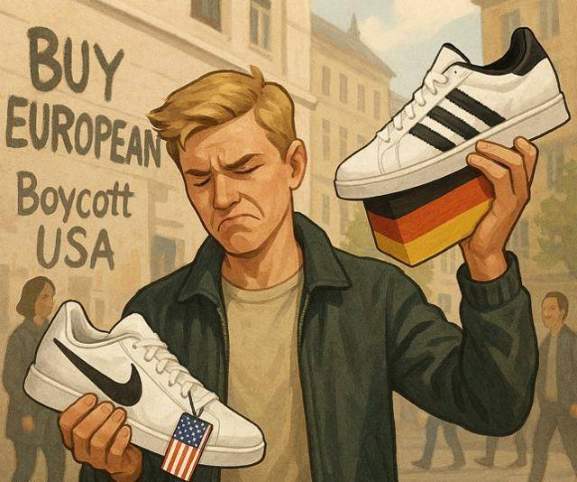 유럽 내 미국산 상품에 대한 보이콧(구매 중단) 움직임이 커지고 있다. 이미지는 미국 브랜드 나이키 신발 대신 독일 브랜드 아디다스를 고르는 유럽인의 이미지를 챗GPT로 묘사한 것.