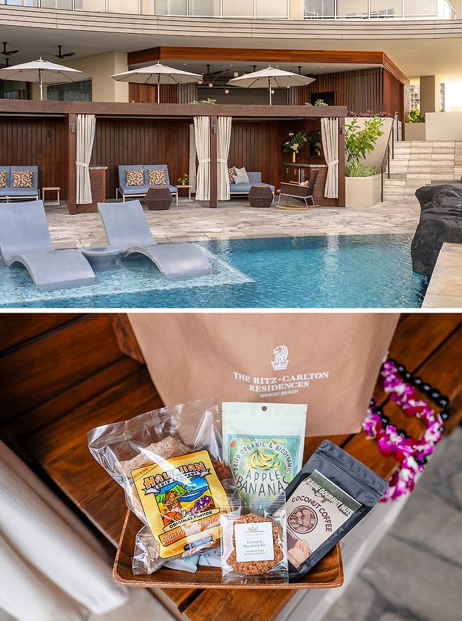 메인 풀 옆에 자리한 카바나와 스낵 세트. 사진제공|팜투어