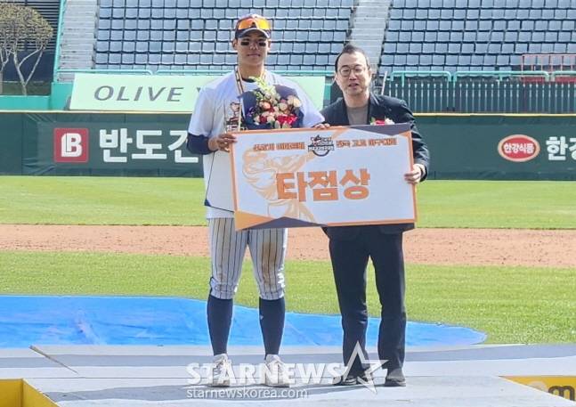 김지우(왼쪽)가 타점상을 수상하고 기념촬영을 하고 있다. /사진=안호근 기자