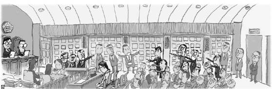 중앙일보 2006년 12월 29일자 10면에 실린 일심회 재판장 모습. 기자가 직접 서울 서초구 서울중앙지법 417호 법정 방청석에 앉아 그렸다. 재판장 내부는 사진촬영이 허용되지 않는다. 중앙포토