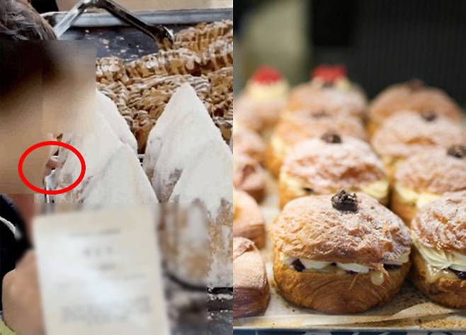 (왼쪽부터) 진열된 빵에 혀를 갖다 대는 한 아이. 빵(사진=온라인 갈무리, 게티이미지)