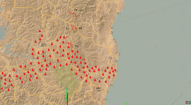 지난달 말 경북 산불이 바람의 방향을 따라갔다면 영덕군 영해면과 양양 읍내까지 번질 수 있었으나 Y3 능선에서 막으면서 산불 확산도가 아래로 꺽인 모습을 보이고 있다. GS풍력 제공