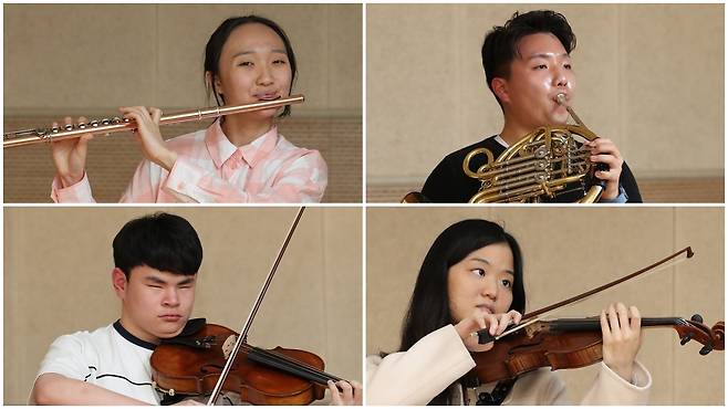 장애인들로 구성된 경기 리베라 오케스트라 단원들의 모습. 시계방향으로 플루트 강송강 단원, 호른 홍준혁 단원, 바이올린 김수진 단원, 비올라 장종훈 단원. 이들은 합주할 때 연신 웃음을 지었다. 이유를 물으니 "연주할 때 항상 기쁜 마음이 든다"고 했다. /박성원 기자