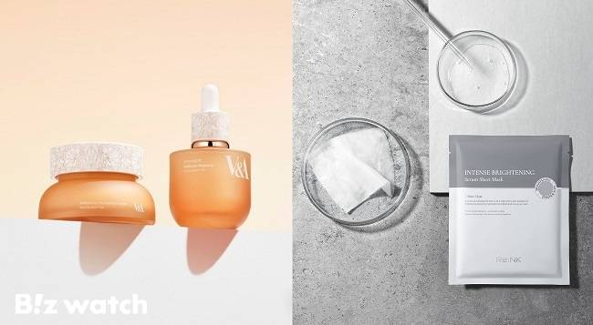 V&A 안티옥시던트 래디언스 제품(왼쪽), 리엔케이 인텐스 브라이트닝 세럼 시트 마스크(오른쪽)./사진=힐러비 제공