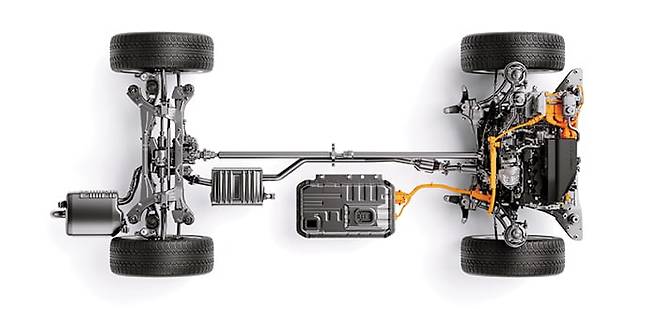 현대차가 공개한 차세대 하이브리드 시스템의 모습. 앞바퀴 쪽 엔진 바로 옆에 장착돼 엔진을 보조하는 전기 모터가 둘로 늘어난 것이 특징이다. /현대차