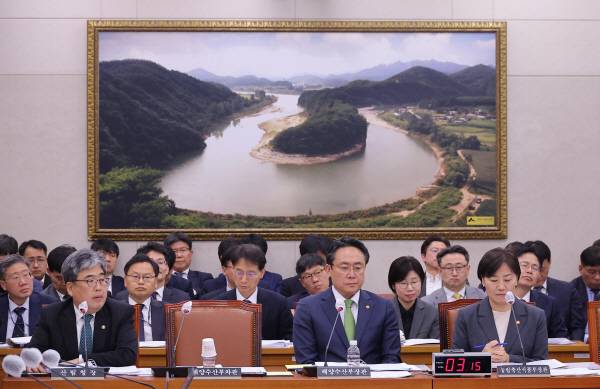 임상섭 산림청장(왼쪽부터), 강도형 해양수산부 장관, 송미령 농림축산식품부 장관이 10일 국회에서 열린 농림축산식품해양수산위원회 전체회의 경북 산불 관련 현안질의에서 질문을 듣고 있다.연합