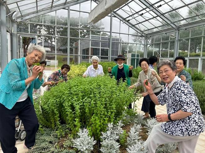 경기도농업기술원이 오는 10월까지 도민들을 대상으로 치유농업 프로그램을 운영한다. 치유농업 프로그램 참여자들이 환하게 웃고 있다. 경기도농업기술원 제공