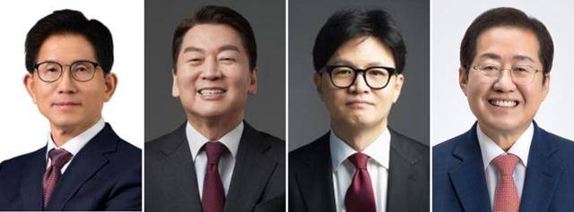 국민의힘 대선후보 경선 선거관리위원회는 22일 2차 경선에 진출할 4명의 후보를 발표했다. 첫 번째 컷오프를 통과한 '4강 후보'에는 김문수(왼쪽 사진부터)·안철수·한동훈·홍준표 후보(가나다순)가 이름을 올렸다. 국민의힘 제공