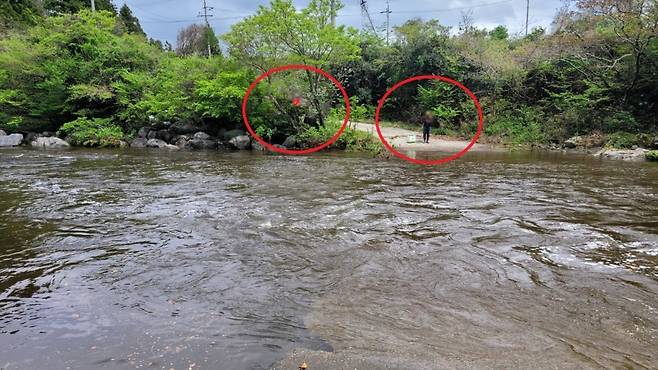 오늘(22일) 낮 12시 51분쯤 제주시 해안동 광령천 인근에 고사리를 꺾으러 갔다가 불어난 물에 고립된 4명이 구조되는 모습 (사진, 제주소방안전본부)