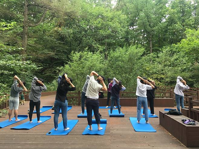 산림청 산림치유프로그램에 참여하고 있는 참가자들 모습.