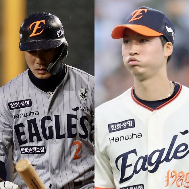 올시즌 FA로 한화에 새롭게 합류한 심우준(좌), 엄상백(우)이 침묵하고 있다. 사진 | 한화 이글스