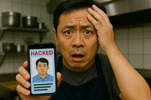 휴대폰을 해킹당해 당황해하는 자영업자 모습을 인공지능(AI)으로 생성한 이미지. 챗GPT달리 4.0 이미지 생성