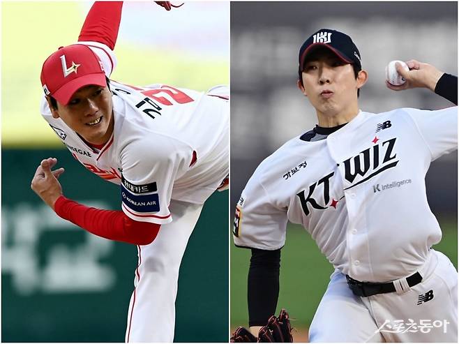 KT 오원석(오른쪽)이 22일 수원 SSG전에서 우상 김광현과 첫 선발 맞대결을 벌였다. 김광현에게는 아끼는 후배인 오원석의 성장을 확인할 수 있는 경기였다. 스포츠동아DB