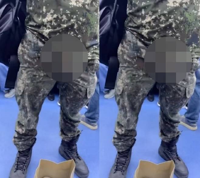 지난 19일 서울 신분당선 지하철에서 20대 현역 군인이 자신의 신체 부위를 노출한 모습. 사회관계망서비스(SNS) 캡처