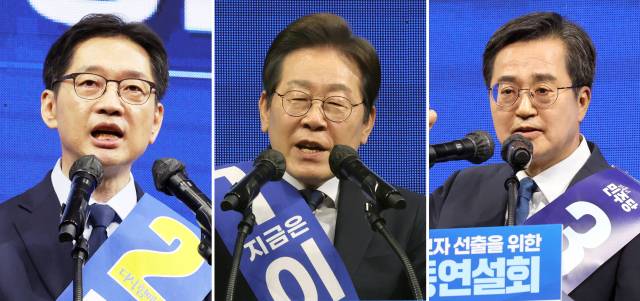 김경수(왼쪽부터), 이재명, 김동연 더불어민주당 대선 경선 후보가 26일 오후 광주 서구 김대중컨벤션센터에서 열린 호남권 합동연설회에서 각각 연설을 하고 있다. 2025.4.26/뉴스1