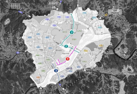 행복청이 발표한 교통체계 개선방안 세부 내용(1=96호선, 2=절재로·임난수로, 3=갈매로·금남교). 행복청 제공
