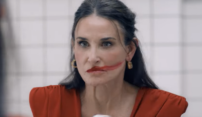 영화 ‘서브스턴스’의 주인공 엘리자베스(데미 무어 분)는 아무리 화려하게 꾸며도 초라해 보이는 거울 속 자기 모습을 혐오한다. 공식 홍보 영상 캡처