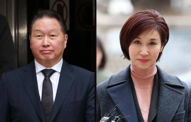 최태원(왼쪽 사진) SK그룹 회장이 지난해 3월 12일 서울 서초구 서울고등법원에서 열린 노소영 아트센터 나비 관장과의 이혼 관련 항소심 변론기일을 마치고 차량으로 향하고 있다. 사진공동취재